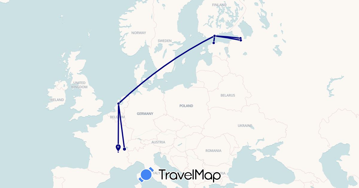 TravelMap itinerary: driving in Switzerland, Estonia, Finland, France, Netherlands, Russia (Europe)
